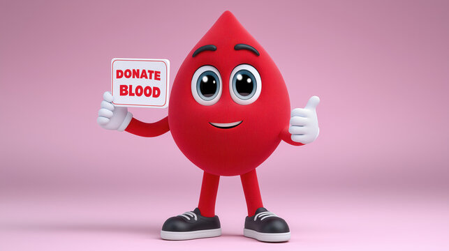 Cute blood drop character with big eyes, holding sign that says donate blood, giving thumbs up, standing on pink background, promoting blood donation awareness