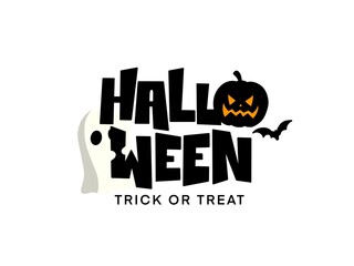 A dynamic and bold Halloween wordmark design featuring a large ghost and a carved jack-o'-lantern integrated into the lettering. Includes the phrase 