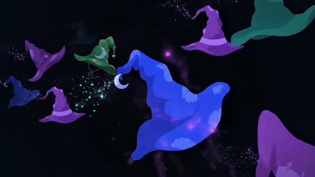 Flying Witch Hats with Magic Sparkles on Black Background