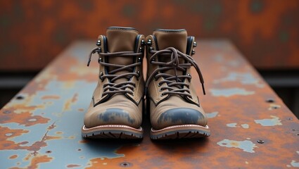 Two brown leather boots with laces are arranged symmetrically on a rusty metal surface, highlighting the textures and details of the footwear in a  shot, revealing signs of wear and tear.