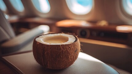 Coconut refreshment in private plane cabin