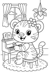 Fototapeta premium Cute tiger cub playing piano with milk in a cozy room cartoon illustration