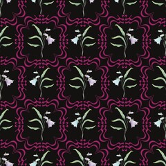 Moody Dark Floral Seamless Pattern, Elegant Black Background with Bellflower and Vibrant Magenta Groovy Lines, Gothic Chic Textile Design.
