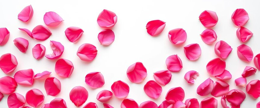 Delicate pink rose petals artfully arranged in heart shape on white background, romantic, subtle