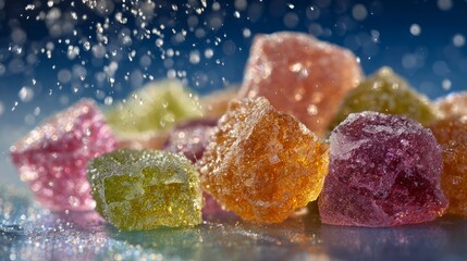 Colorful candies splashing with water