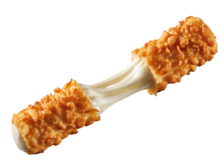 A single, elongated fried cheese stick is shown being stretched, with the molten white cheese pulling apart in a gooey strand. 