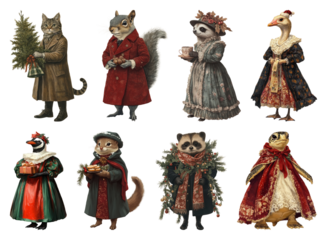 PNG Charming animals in vintage attire, element set on transparent background