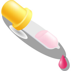 Close up of a glass dropper with a yellow cap holding pink liquid and a drop falling against a grey oval shadow on a transparent background