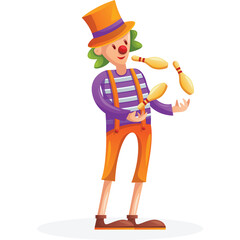 Clown Juggling Pins Wearing Striped Shirt Orange Overalls and Top Hat with Green Hair and Red Nose
