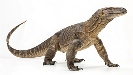 Obraz premium Megalania with massive elongated body, scaly skin, and powerful limbs, isolated on a clean white studio background, realistic prehistoric giant lizard portrait, sharp focus, professional lighting