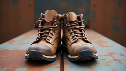 Detailed  perspective showcases two brown leather boots, featuring intricate lacing and a rugged, weathered appearance, positioned symmetrically on a textured, rusty metal surface against a blurred...