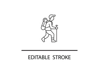 Minimalist vector line art of a hiker with backpack and walking stick ready for adventure with editable stroke for design flexibility.