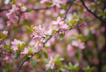 Soft-focus spring backdrop of blurred green foliage and delicate pink blossoms, whimsical, ecology