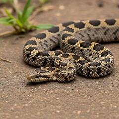 Obraz premium Massasauga Rattlesnake Coiled on the Ground, Close-Up View.