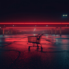 An abandoned shopping cart in an empty parking lot at night, neon reflections, a concept of economic downturn.
