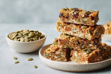 A stack of granola bars sits on a white plate next to a bowl of seeds