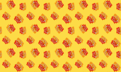 A vibrant graphic design featuring a seamless repeating pattern of vintage-style event admission tickets in red and orange hues against a bold yellow background, perfect for creative projects