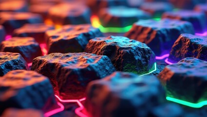 Abstract illustration showcases a landscape of textured, rocky formations illuminated by vibrant neon lights in various colors including red, blue, and green, creating a visually compelling and...