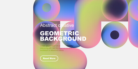 Fototapeta premium Abstract geometric shapes, vibrant colors, modern design. Text overlay presents background information, includes call to action button.