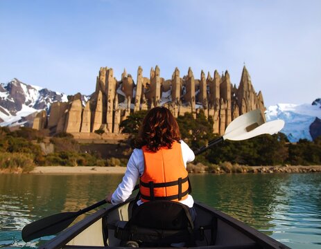 Person Paddling a Canoe Towards a Majestic Structure