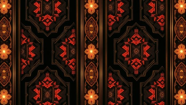 Ornate Black and Red Geometric Pattern with Floral Accents