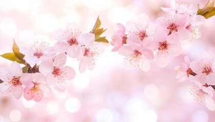 Delicate pink blossoms on branches, soft bokeh background
