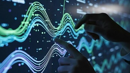 Silhouette of hands interacting with an illuminated display showing data visualizations. Lines of data moving across screen