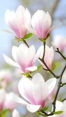 Delicate pink magnolia blossoms in spring sunlight