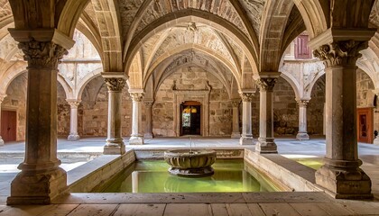 Obraz premium Interior Courtyard with Arches and Fountain