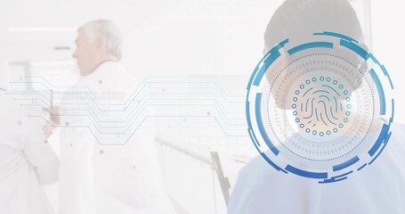 Using fingerprint scanner interface, doctors in hospital corridor with tablet stand and data lines