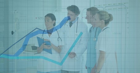 Hospital staff in scrubs, coats conferencing in corridor with clipboard stethoscopes, graph overlay