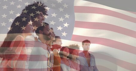 Standing eight adults wearing casual shirts facing horizon under clear sky, with US flag overlay