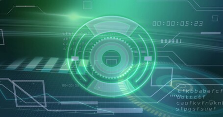 Displaying green circular interface with rings over grid in AR UI with panels, code and timecode
