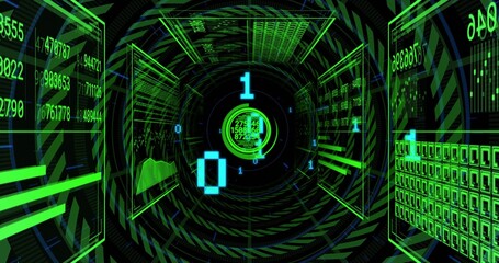 Rotating circular HUD interface displaying code in virtual data tunnel, with floating binary digits