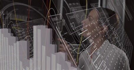 Pointing businesswoman wearing blazer showing line graphs and 3D bar charts in tech lab, copy space