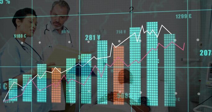 Two white-coated doctors examining paper chart at hospital bed, with digital data overlay
