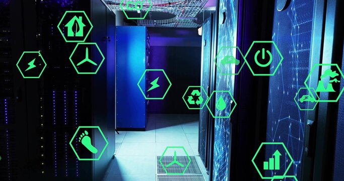 Streaming server racks emitting blue LEDs under cable trays in cooled data center, with green icons - Powered by Adobe