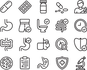 Digestive health icons: stomach, intestines, pills, doctor