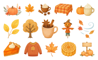PNG Cozy autumn-themed illustration set, element set on transparent background