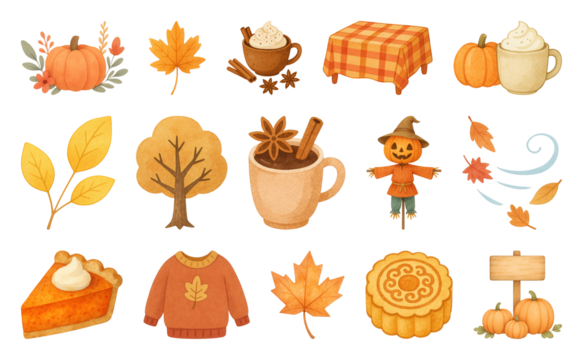 PNG Cozy autumn-themed illustration set, element set on transparent background - Powered by Adobe