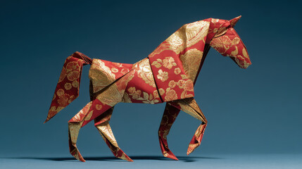 Obraz premium Elegant origami horse made from red and gold paper for Chinese New Year 2026, symbol of strength and good fortune