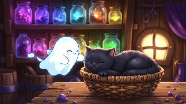 Cute Black Cat Sleeping with Ghost Animation