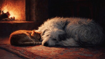 Cozy animals near fireplace