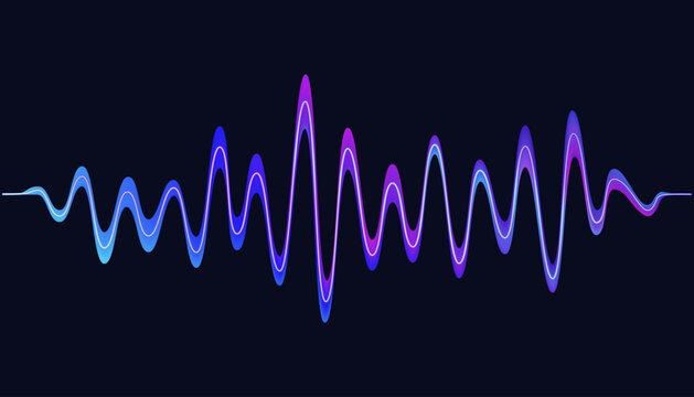 Vibrant, glowing abstract soundwave in blue and purple on a dark background. Digital equalizer waveform for music, audio technology, or frequency visualization. Modern tech concept.