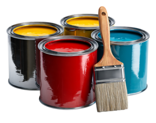 Paint cans with red yellow and blue isolated on a transparent background