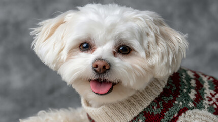 A close-up portrait of a happy dog with curly fur looking directly at the camera