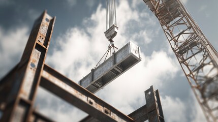 Crane lifting concrete beam construction