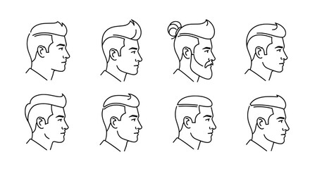 Collection of eight hand drawn black and white profile sketches of men s hairstyles and facial hair variations