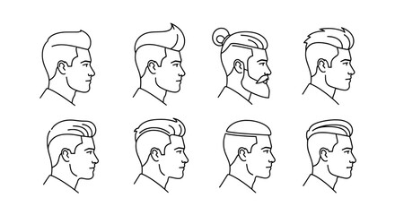 Collection of eight hand drawn black and white profile sketches of men s hairstyles and facial hair variations