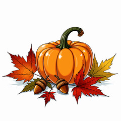 Naklejka premium Vibrant Autumn Illustration Featuring a Pumpkin Surrounded by Colorful Leaves and Acorns Symbolizing Harvest and Fall Season Aesthetics